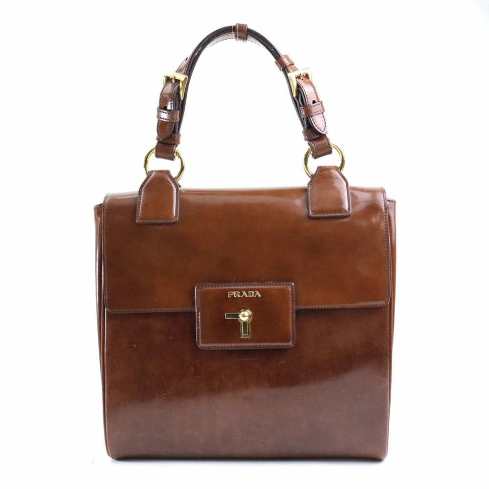 Prada Spazzolato Pattina top handle bag lock closure front flap Brown